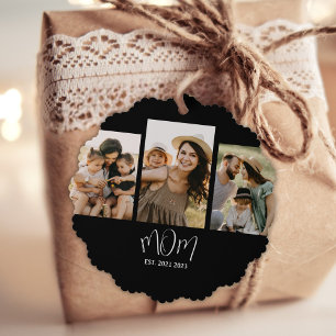 Mum Established Modern Script Black 3 Photo Tree Decoration Card