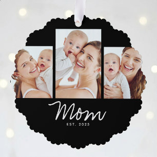 Mum Established Modern Script Black 3 Photo Tree Decoration Card