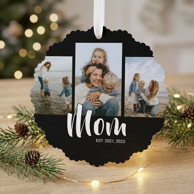 Mum Established Modern Script Black 3 Photo Tree Decoration Card (Mom Established Modern Script Black 3 Photo Ornament Card)