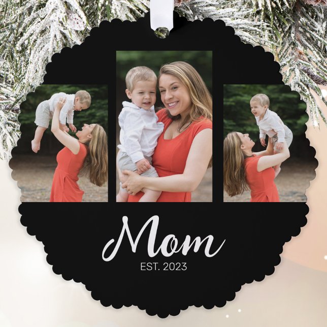 Mum Established Modern Script Black 3 Photo Tree Decoration Card (Creator Uploaded)