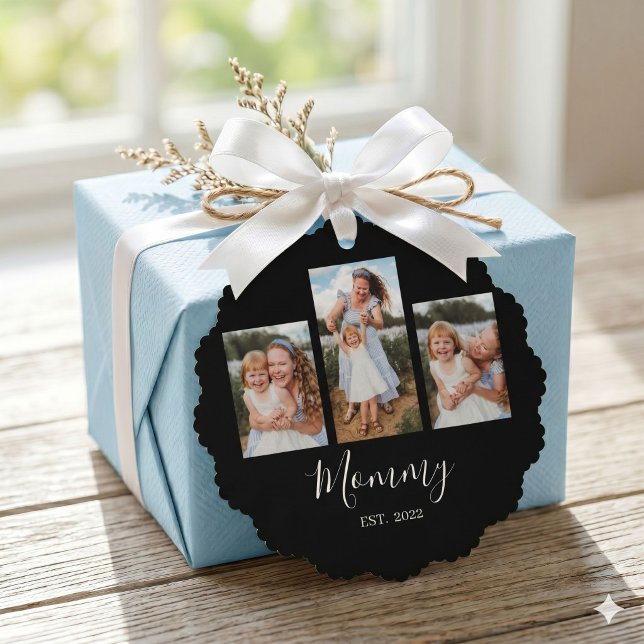 Mum Established Modern Script Black 3 Photo Tree Decoration Card (Creator Uploaded)