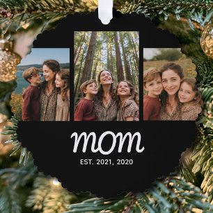 Mum Established Modern Script Black 3 Photo Tree Decoration Card