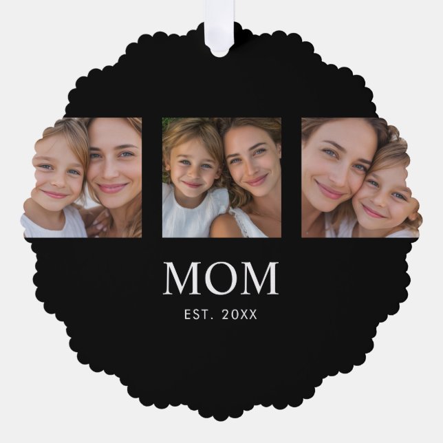 Mum Established Modern Script Black 3 Photo Tree Decoration Card (Front)