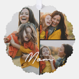 Mum Established Modern Script Black 3 Photo Tree Decoration Card