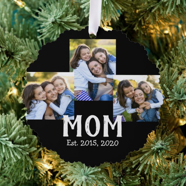 Mum Established Modern Script Black 3 Photo Tree Decoration Card (Insitu (Tree))