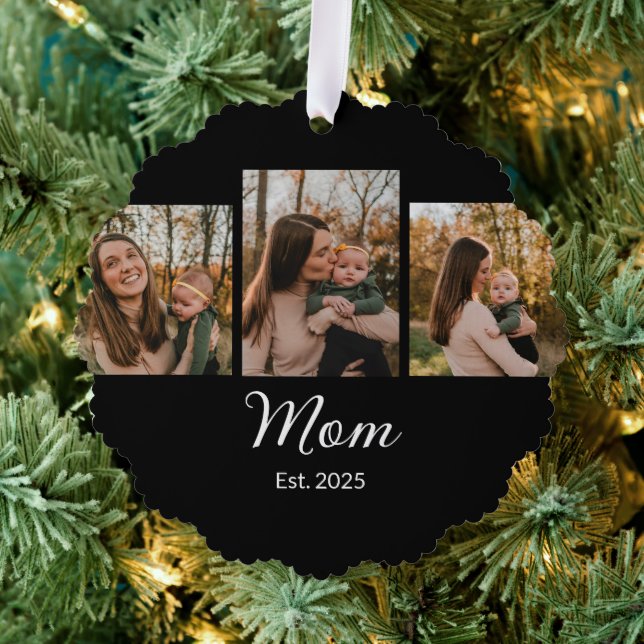 Mum Established Modern Script Black 3 Photo Tree Decoration Card (Insitu (Tree))