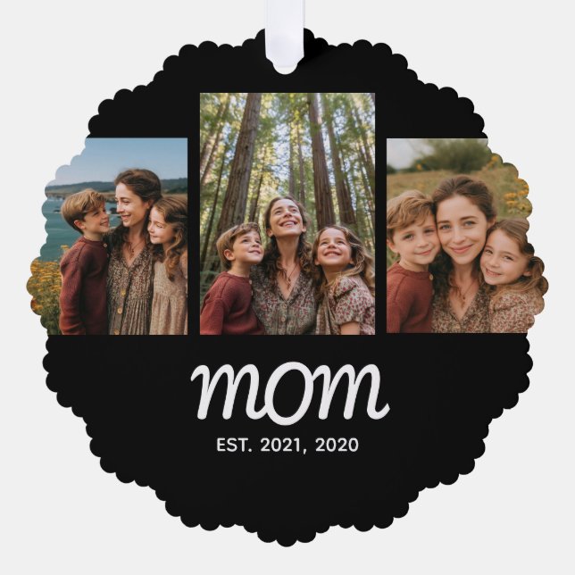 Mum Established Modern Script Black 3 Photo Tree Decoration Card (Front)