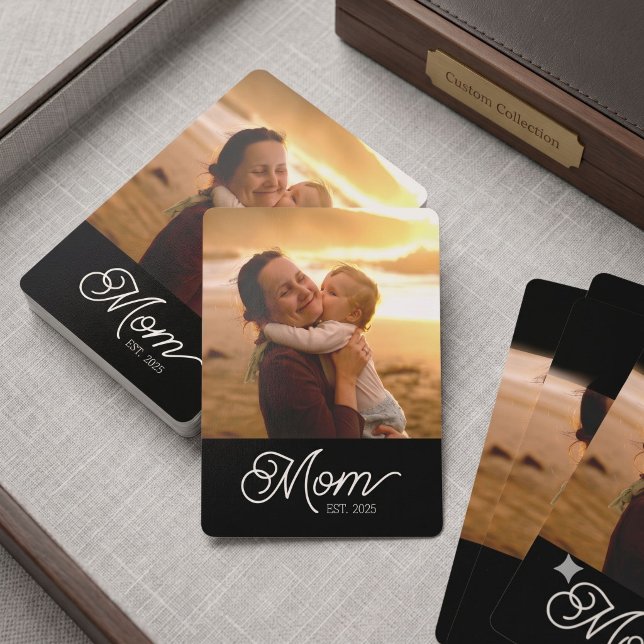 Mum Established Modern Script Black Photo Playing Cards (Creator Uploaded)