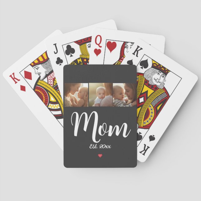Mum Established Modern Script Heart 3 Photo Playing Cards (Back)