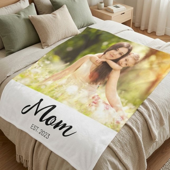 Mum Established Modern Script Photo  Fleece Blanket (Creator Uploaded)