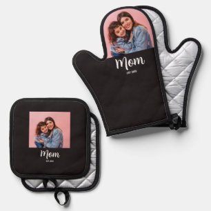 Mum Established Modern Script Photo Oven Mitt & Pot Holder Set