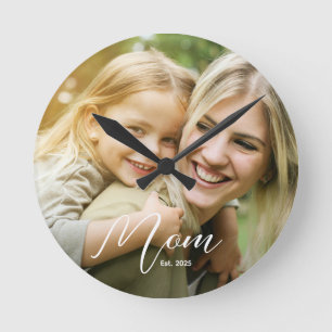 Mum Established Modern Script Photo Round Clock