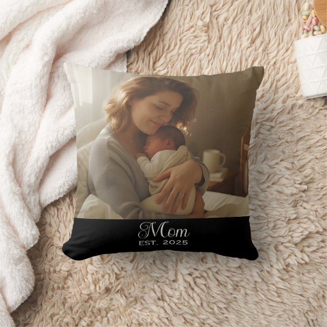 Mum Established Modern Script Photo Throw Cushion (Blanket)
