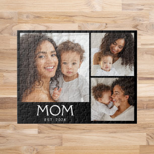 Mum Established Modern Typography Black 3 Photo Jigsaw Puzzle