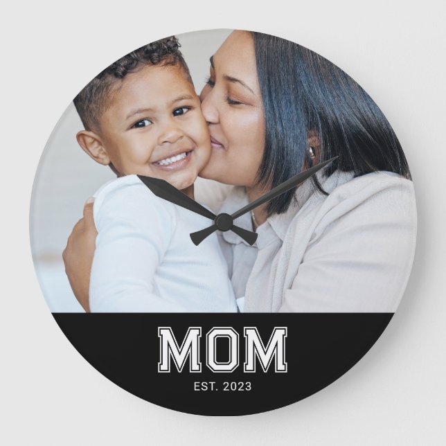 Mum Established Modern White Bold Photo Round Large Clock (Front)