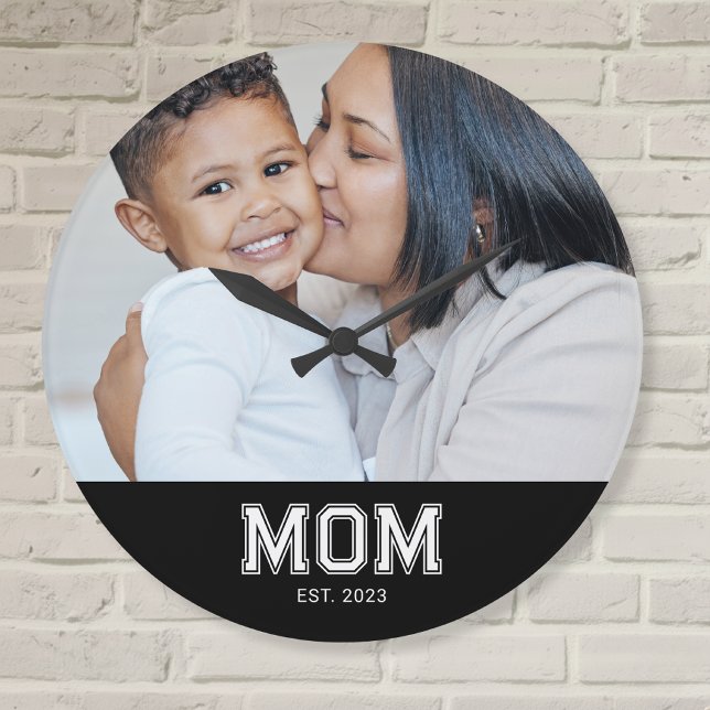 Mum Established Modern White Bold Photo Round Large Clock (Creator Uploaded)