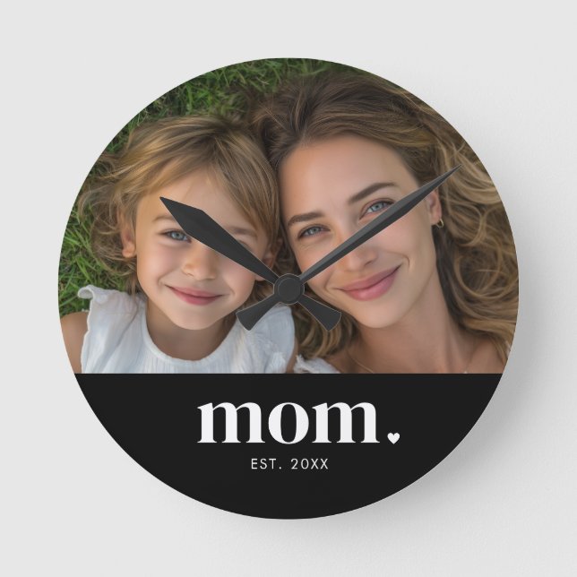 Mum Established Modern White Minimal Photo Round Clock (Front)