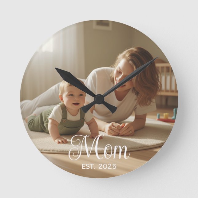 Mum Established Modern White Script Photo Clock (Front)