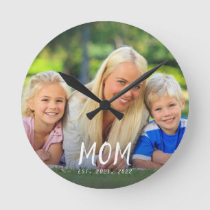 Mum Established Modern White Script Photo Design Round Clock