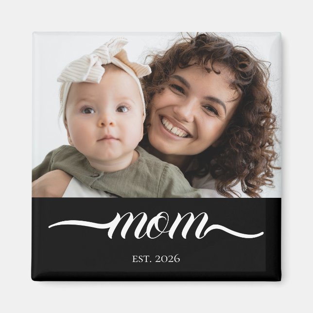 Mum Established Modern White Script Photo Elegant  Magnet (Front)