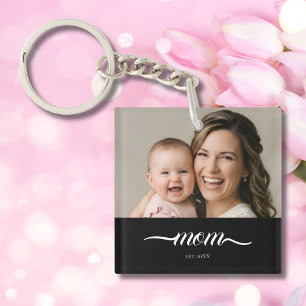 Mum Established Modern White Script Photo Key Ring
