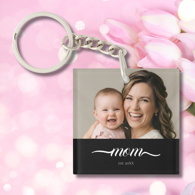 Mum Established Modern White Script Photo Key Ring (Creator Uploaded)