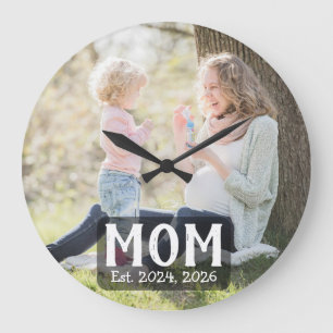 Mum Established Modern White Script Photo  Large Clock