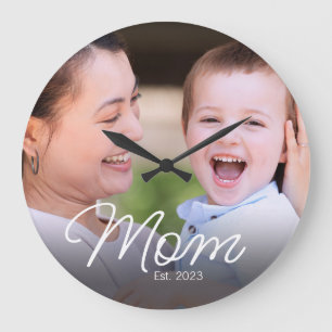 Mum Established Modern White Script Photo Large Clock