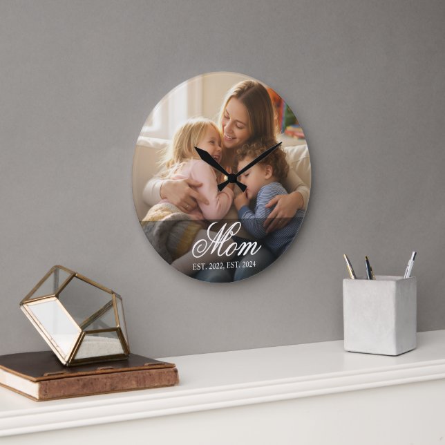Mum Established Modern White Script Photo Large Clock (Office)