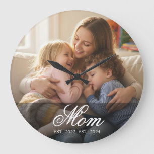 Mum Established Modern White Script Photo Large Clock