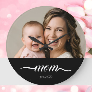 Mum Established Modern White Script Photo Large Clock