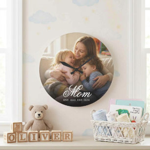 Mum Established Modern White Script Photo Large Clock