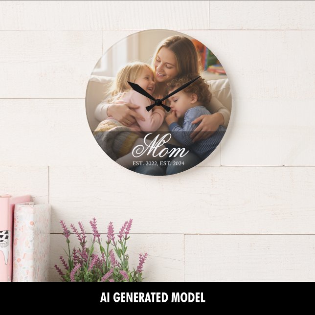 Mum Established Modern White Script Photo Large Clock (Mom Established Modern White Script Photo Large Clock)