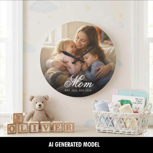 Mum Established Modern White Script Photo Large Clock