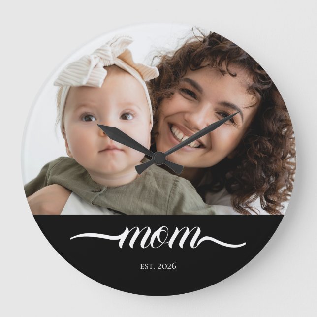 Mum Established Modern White Script Photo Large Clock (Front)