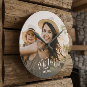 Mum Established Modern White Script Photo Round Cl Clock