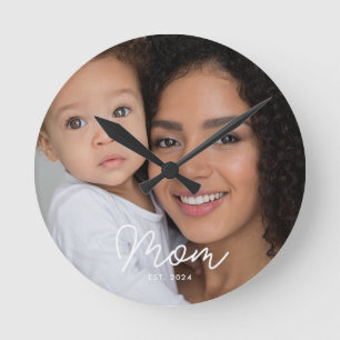 Mum Established Modern White Script Photo Round Clock