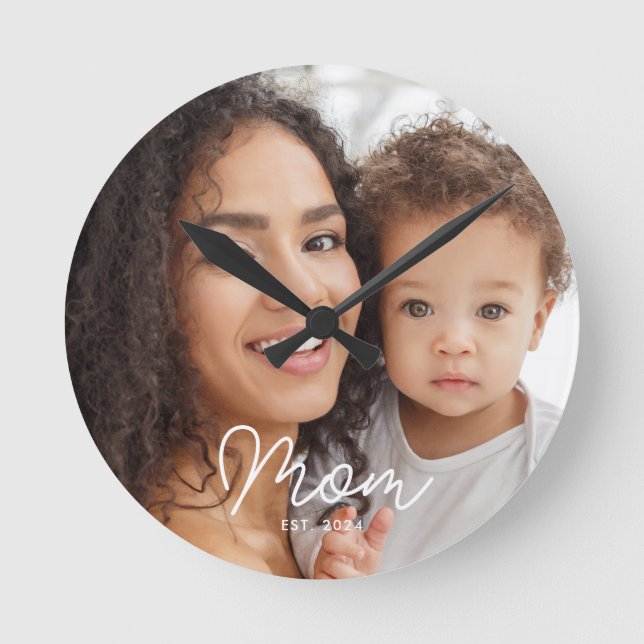 Mum Established Modern White Script Photo Round Clock (Front)