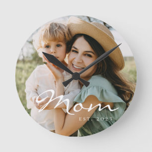 Mum Established Modern White Script Photo  Round Clock