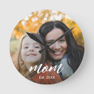 Mum Established Modern White Script Photo Round Clock