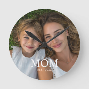 Mum Established Modern White Script Photo  Round Clock