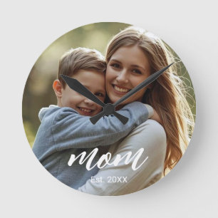 Mum Established Modern White Script Photo Round Clock