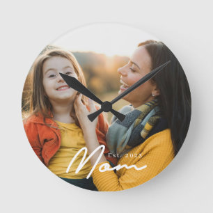 Mum Established Modern White Script Photo Round Clock