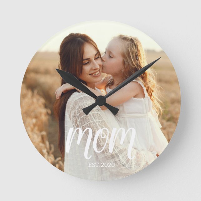 Mum Established Modern White Script Photo Round Clock (Front)