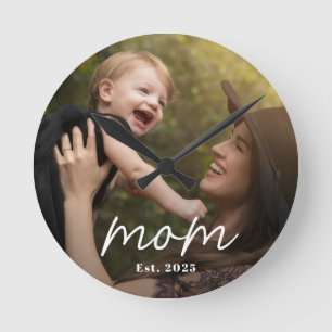 Mum Established Modern White Script Photo Round Clock
