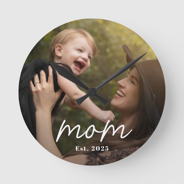 Mum Established Modern White Script Photo Round Clock (Front)