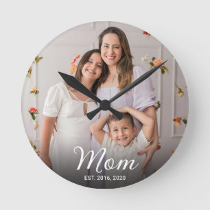 Mum Established Modern White Script Photo  Round Clock