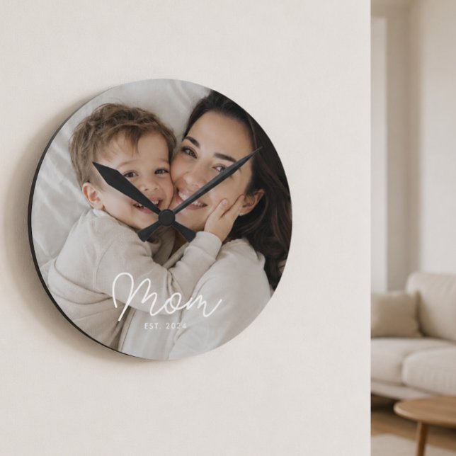 Mum Established Modern White Script Photo Round Clock (Creator Uploaded)