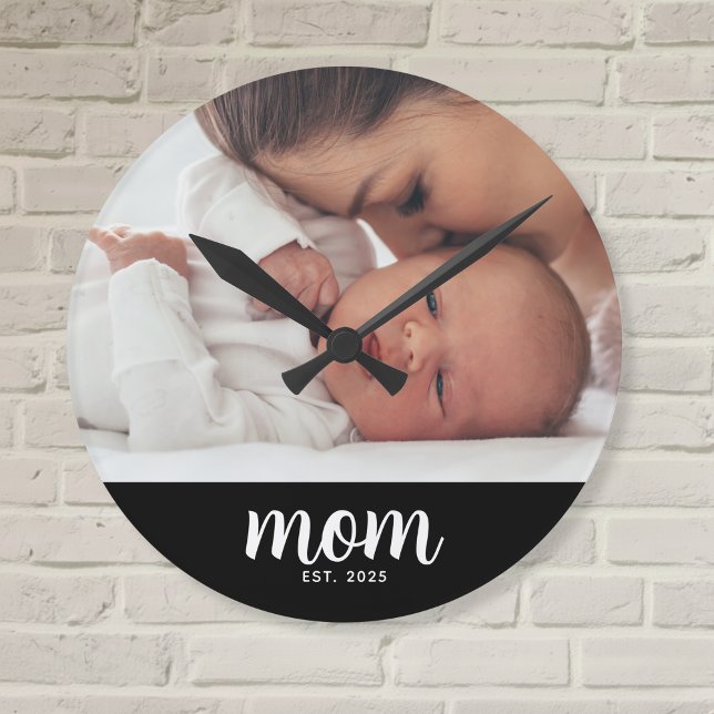 Mum Established Modern White Script Photo Round Clock (Creator Uploaded)