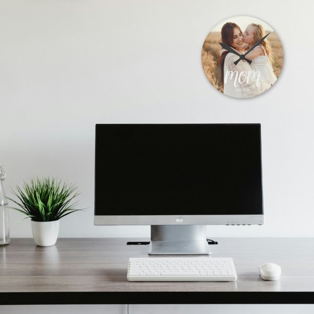 Mum Established Modern White Script Photo Round Clock (Creator Uploaded)